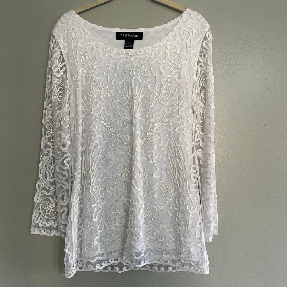 T&W Designs White Soutache Embroidered Mesh Long Sleeve‎ Blouse Top Medium boho